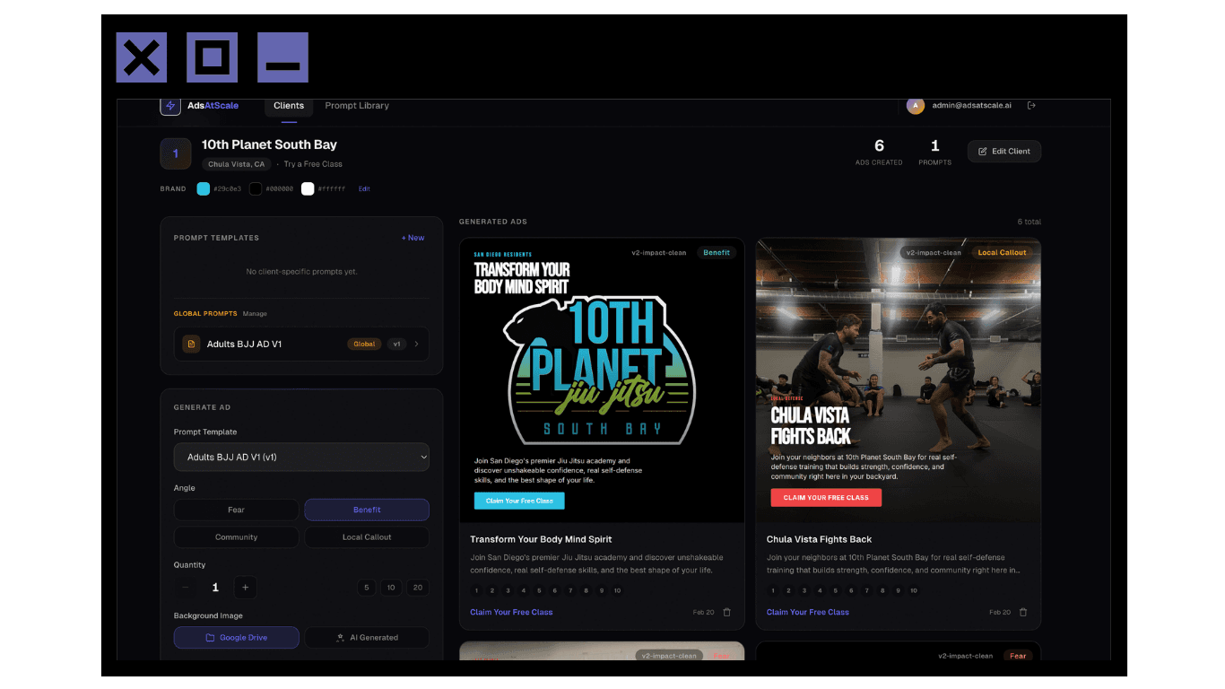 AdsAtScale dashboard showing AI-generated ads for 10th Planet South Bay